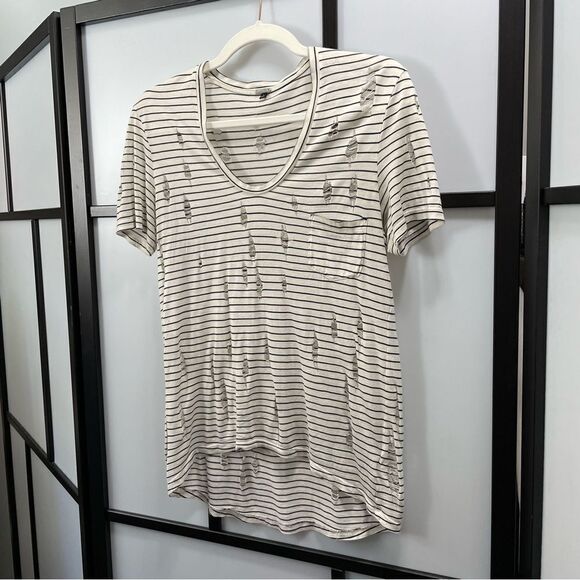 [S] Joe’s Jeans White & Black Striped Delicately Distressed Short Sleeve Top - Picture 1 of 14